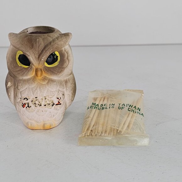 Vintage Owl Toothpick Holder Miniature Ceramic Figurine - Picture 8 of 9